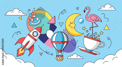 Colorful Cartoon Objects in Sky Scene.