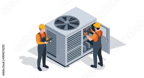 Isometric illustration of two technicians servicing an air conditioning unit with tools on a plain white background.