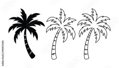 Three Palm Trees: Silhouette and Line Vector illustration