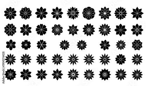 Minimal black flower vector icons set with elegant botanical shapes