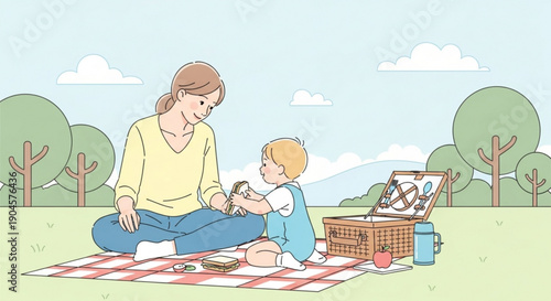 Mother and toddler enjoy picnic in park on sunny day with basket