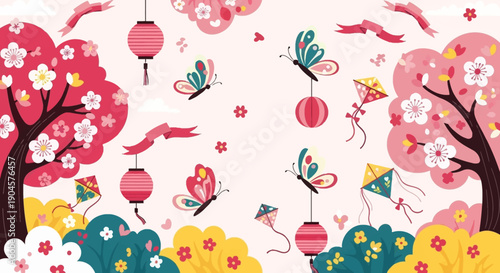 Colorful Lanterns and Butterflies in Bloom.