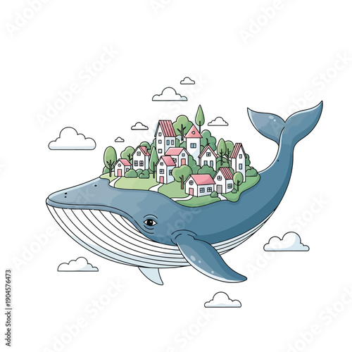 A Whimsical Whale Carrying a Picturesque Village on its Back, Floating Amongst the Clouds