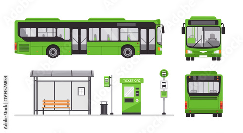 Green city bus and bus stop illustration with ticket machine