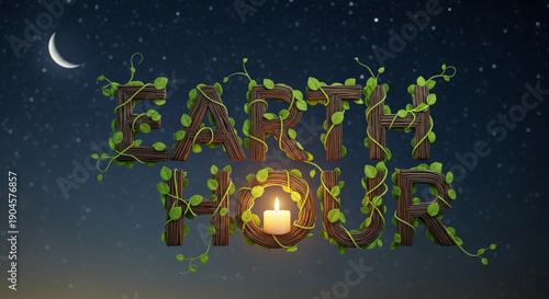 Earth hour logo with candle and green vines on night background with moon