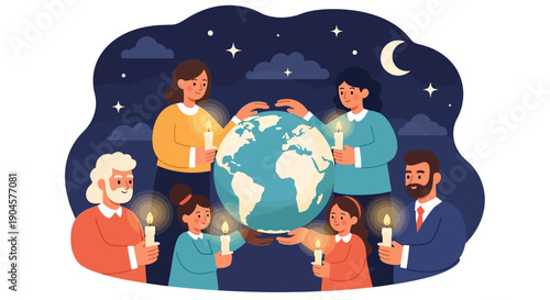 Diverse People Holding Globe with Candles.