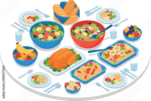 A colorful isometric illustration of a festive table laden with a diverse array of delicious dishes, perfect for celebrations and gatherings