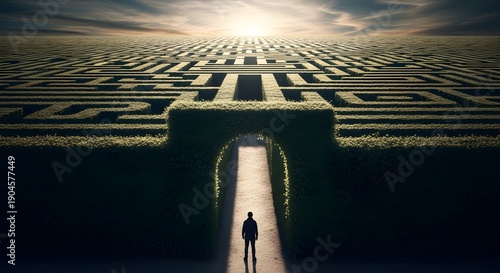 Person standing in front of giant maze entrance, problem solving and challenge concept