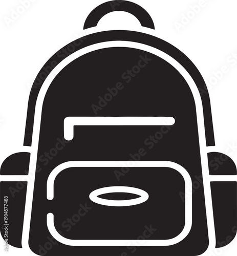 Simple black backpack icon, isolated on white, representing travel, school, and everyday use.