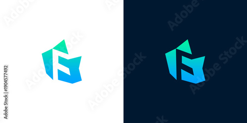 Modern abstract letter F logo design with gradient colors on white and dark backgrounds, perfect for technology and branding