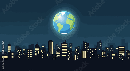 Globe above city skyline at night.