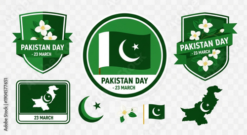 Pakistan day celebrations green logos and icons set