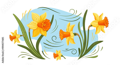 Illustration of Daffodils with Green Leaves.