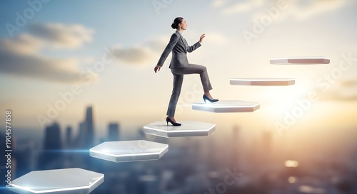 Businesswoman stepping onto upward floating platforms, career advancement concept