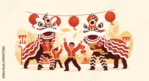 Lion Dance Performance with Traditional Costumes.