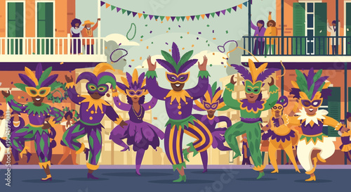 Mardi Gras Dancers in Vibrant Costumes Performing.