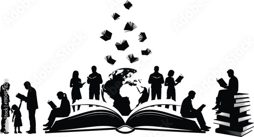 Global education concept, reading silhouette, open book design, knowledge spread, lifelong learning, literacy artwork, flat vector illustration, worldwide learning symbol