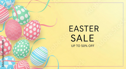 Easter sale banner with colorful eggs and ribbons on yellow background