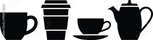 Drinkware silhouettes including coffee mug, disposable cup, teacup, and teapot, beverage theme, black vector illustration of hot drinks