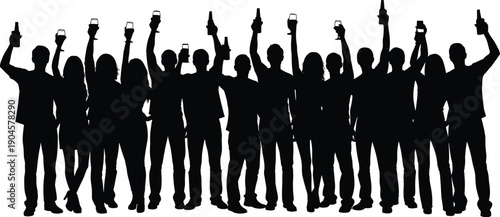 Group of people raising drinks in celebration, unity and festivity theme, black vector illustration of social gathering and party