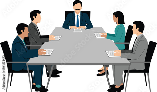 Professional business team meeting around conference table discussing corporate strategy, teamwork, leadership, management planning, office collaboration concept illustrated in modern flat 