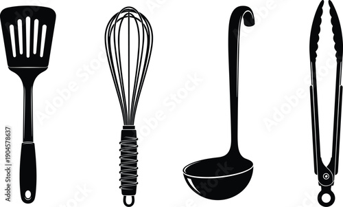 Kitchen utensil silhouettes including spatula, whisk, ladle, and tongs, cooking and food preparation theme, black vector illustration of tools