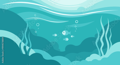 Underwater Scene with Seaweed and Bubbles Illustration.