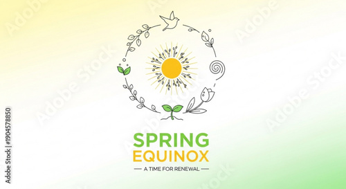 Spring equinox logo with sun leaves and birds on gradient background