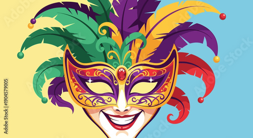 Vibrant Carnival Mask with Feathers and Decoration.