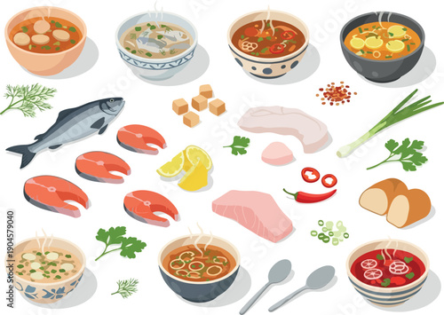 A vibrant collection of fresh seafood, prepared meals, and ingredients, highlighting diverse culinary options for a healthy diet