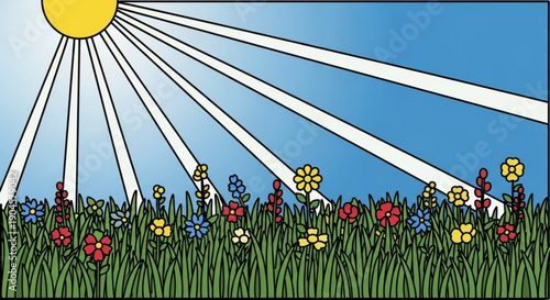 Vibrant colorful flowers bloom under sunny blue sky with radiant sunbeams