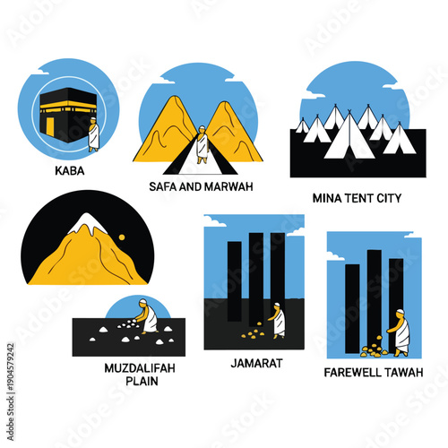 Hajj Pilgrimage Rituals Icons Set. Flat Minimalist Illustration. Islamic Journey Graphic Elements.
