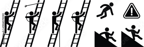 Workplace ladder safety hazard pictogram set showing climbing mistakes falling accidents warning symbols for construction safety training and risk prevention illustration guidelines