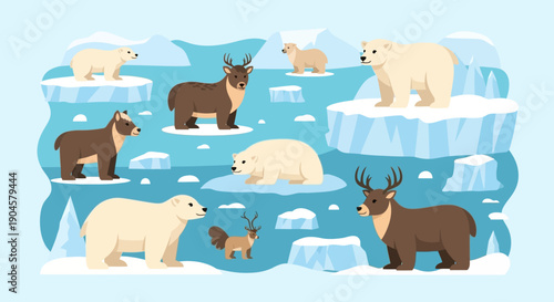 Arctic Animals on Ice Floe Illustration.