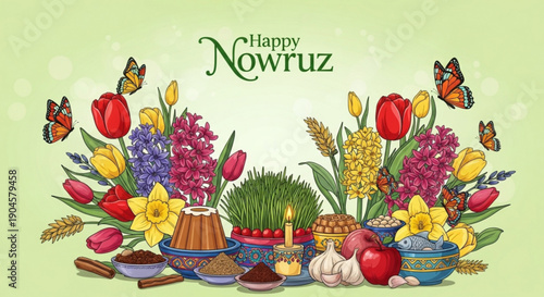 Happy nowruz celebration with traditional food and flowers arrangement