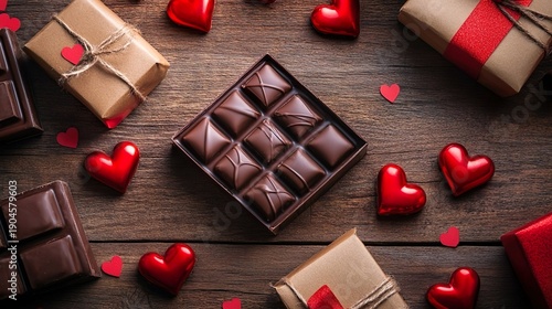valentines day chocolate gift flat lay with red hearts on rustic wooden background