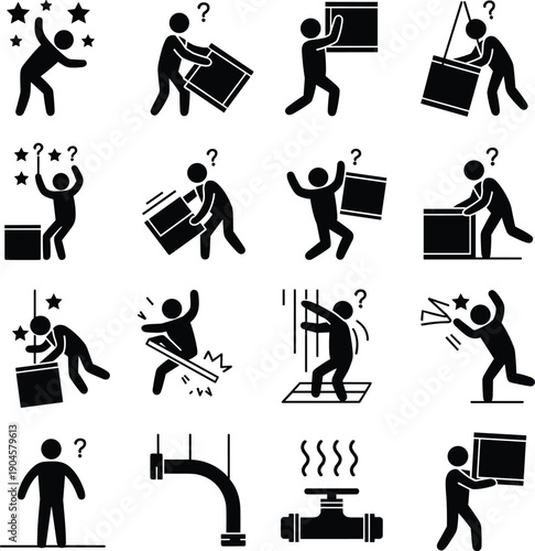 Workplace safety hazard pictograms set illustrating industrial accidents, manual handling risks, warning symbols, occupational danger signs, and employee injury prevention icons in 
