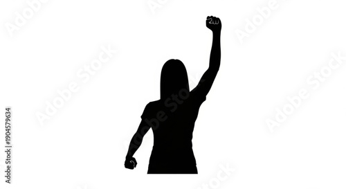 Woman in silhouette with raised arm and fist in empowerment gesture on white background