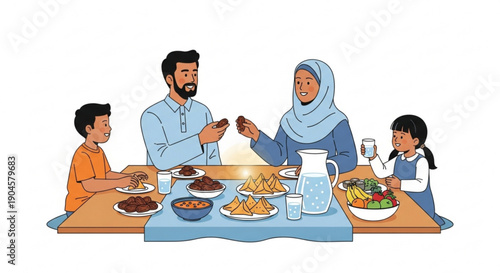 Family sharing meal together at dinner table with food and drinks