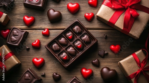 heart shaped chocolates and gift boxes on rustic wooden background