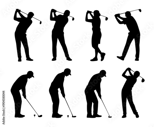 Black silhouette set of golf players in action poses, swinging golf club silhouette set