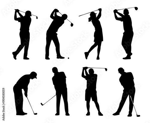 Black silhouette set of golf players in action poses, swinging golf club silhouette set