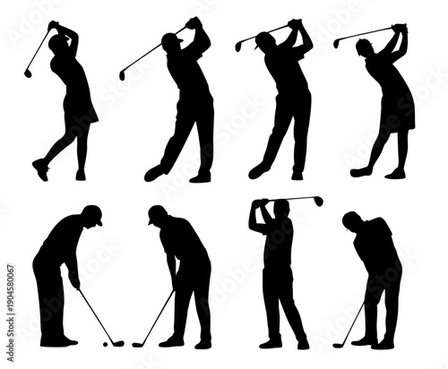 Black silhouette set of golf players in action poses, swinging golf club silhouette set