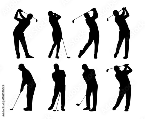 Black silhouette set of golf players in action poses, swinging golf club silhouette set