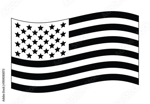 Vector illustration Black and White of a Waving American Flag with Stars and Stripes