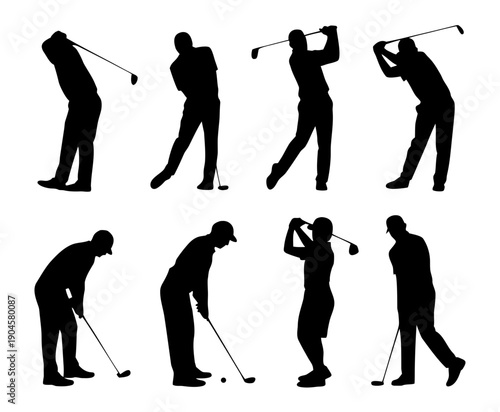 Black silhouette set of golf players in action poses, swinging golf club silhouette set