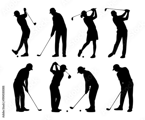 Black silhouette set of golf players in action poses, swinging golf club silhouette set