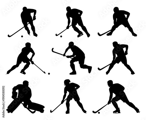 Ice hockey silhouette set,Black silhouette set of hockey players in action poses, dribbling ,tackling silhouette set