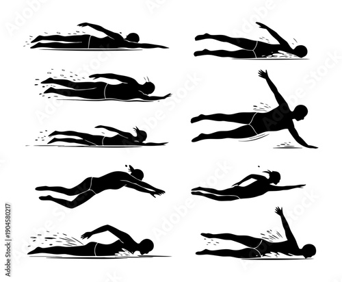 Black silhouette set of swimmers in action poses,freestyle, butterfly, backstroke silhouette set