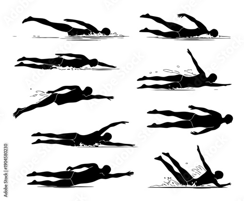 Black silhouette set of swimmers in action poses,freestyle, butterfly, backstroke silhouette set